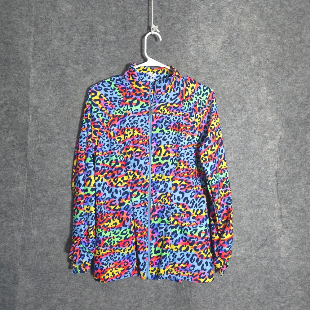 Tzu Tzu Sport Jacket Womens Large Multicolor Leopard Full Zip Athletic Neon USA